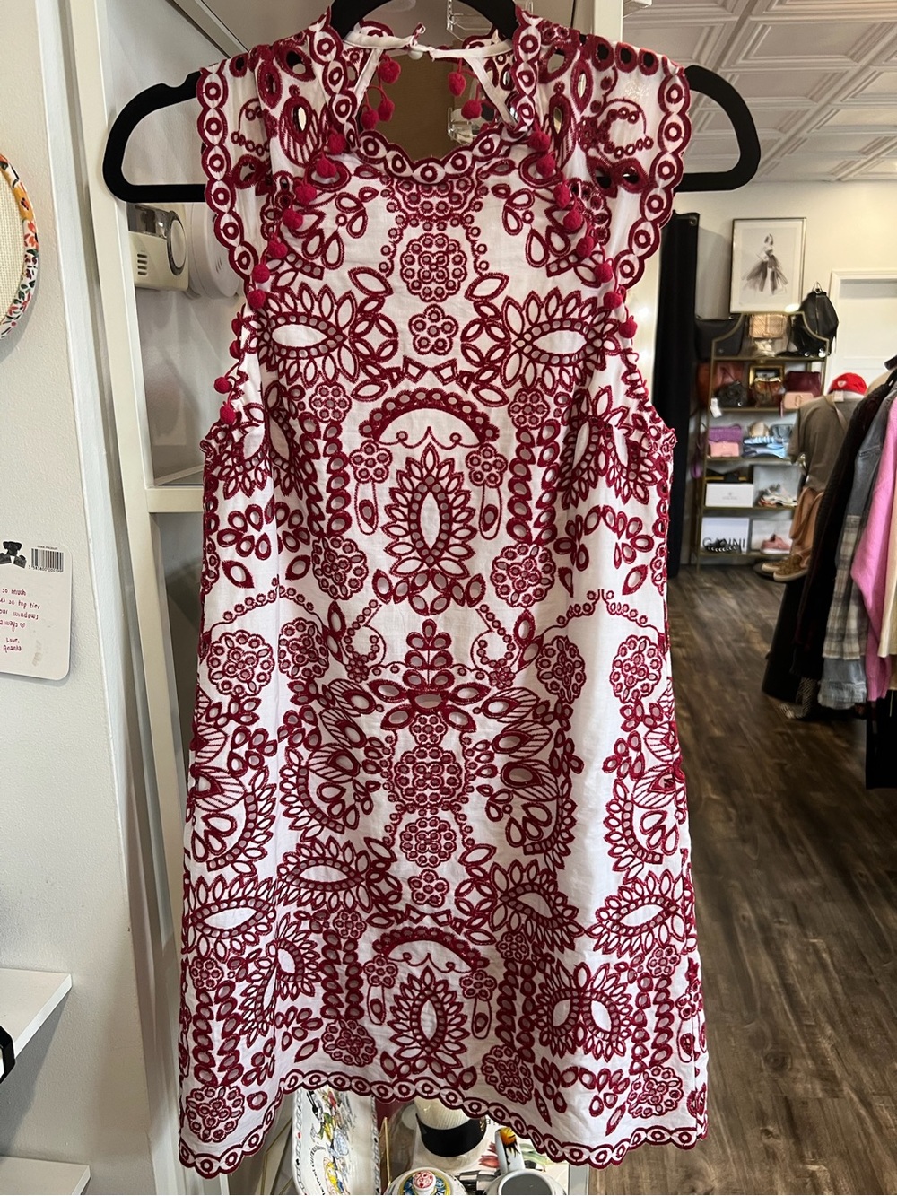 SAYLOR White Sleeveless Dress with Red Embroidered Lace Detail and poms